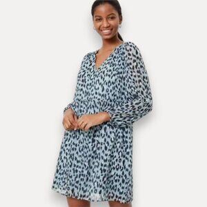 NWT LOFT Petites Leopard Print Long Sleeve Dress LP Blue Black Animal Print